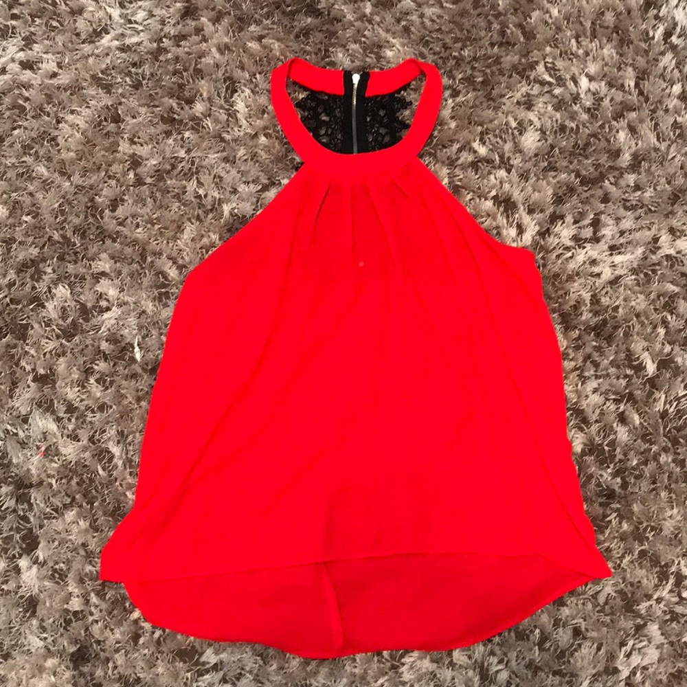Red lace back zipper blouse
